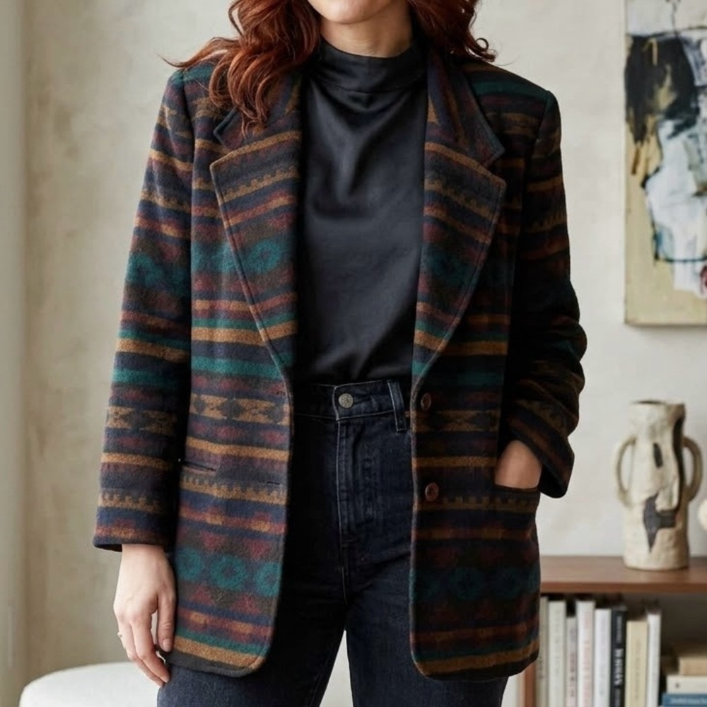 L D Creations Southwestern Geometric Wool Blazer Bulgaria Oversized Boho Vintage